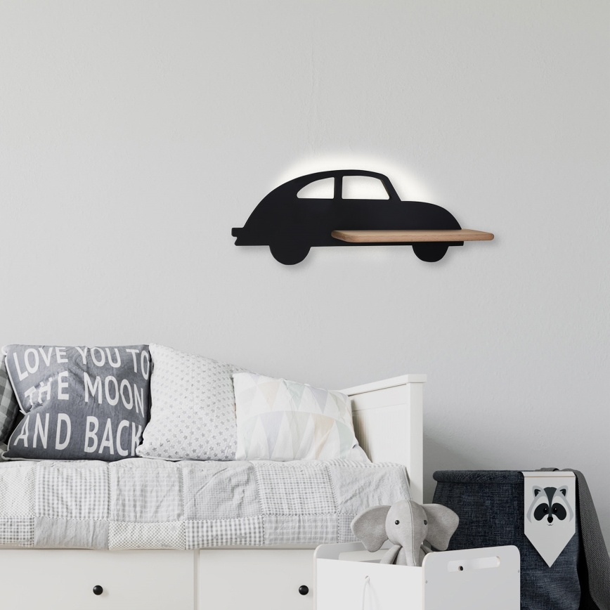 Candeeiro de parede para criança LED com prateleira CAR LED/5W/230V preto/madeira
