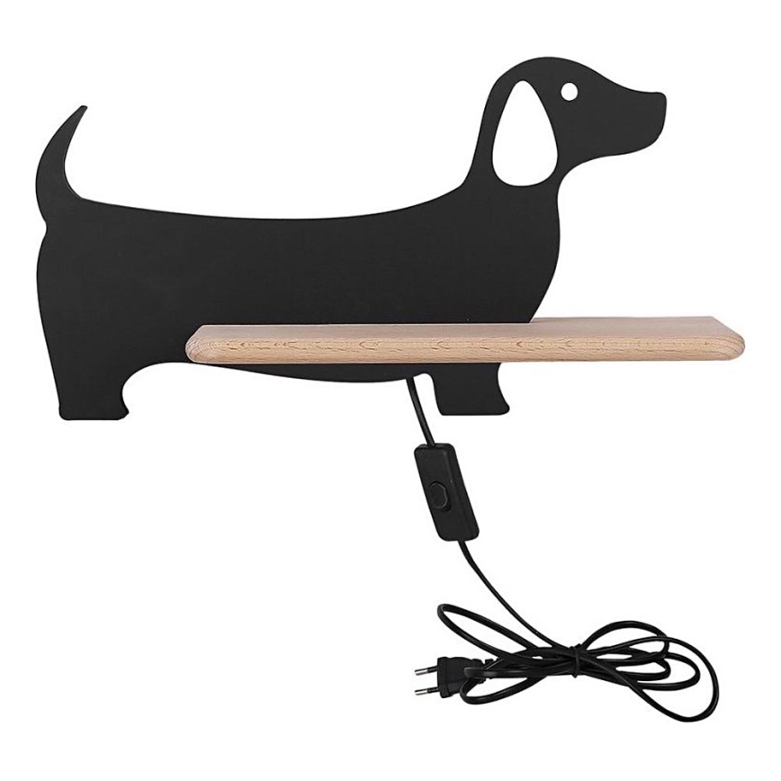 Candeeiro de parede para criança LED com prateleira DOG LED/5W/230V preto/madeira
