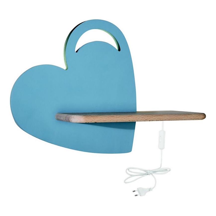 Candeeiro de parede para criança LED com prateleira HEART LED/5W/230V azul/madeira