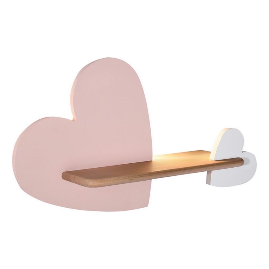 Candeeiro de parede para criança LED com prateleira HEART LED/5W/230V rosa/branco/madeira