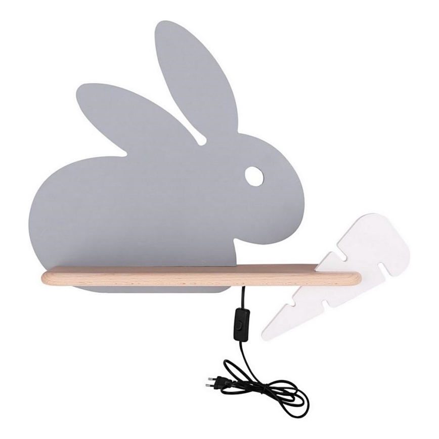 Candeeiro de parede para criança LED com prateleira RABBIT LED/4W/230V cinzento/branco/madeira