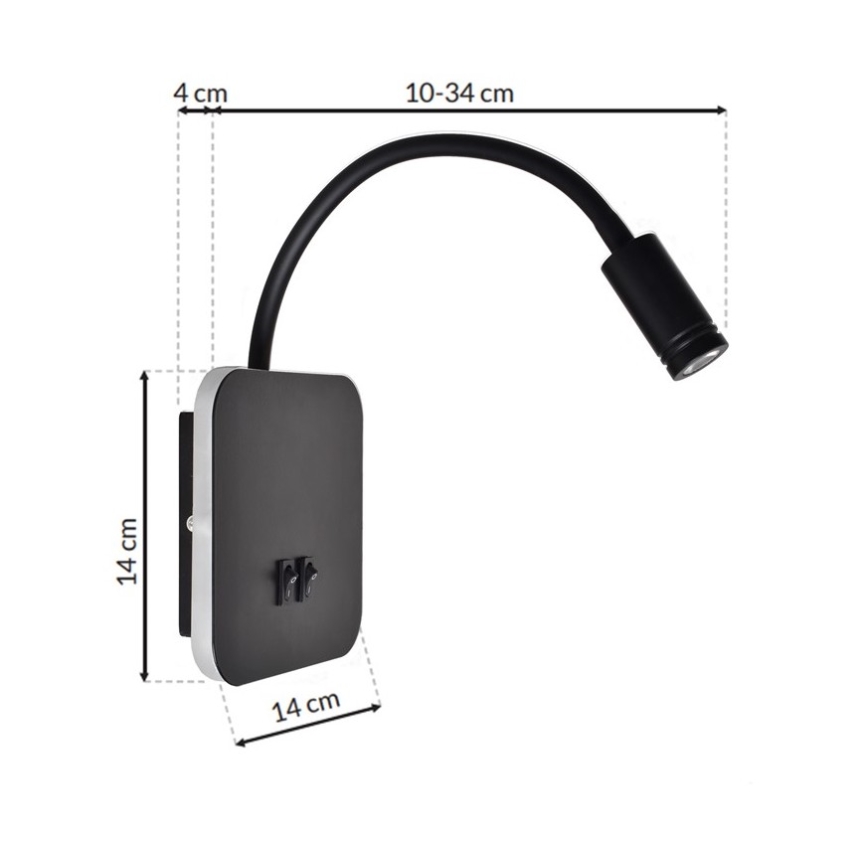 Candeeiro de parede pequeno e flexível LED BASE 1xLED/8W+1xLED/2W/230V preto/prata