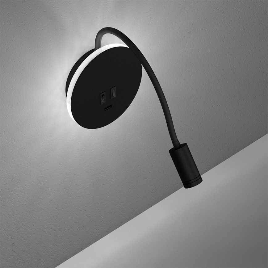 Candeeiro de parede pequeno e flexível LED BASE 1xLED/8W+1xLED/2W/230V preto/prata