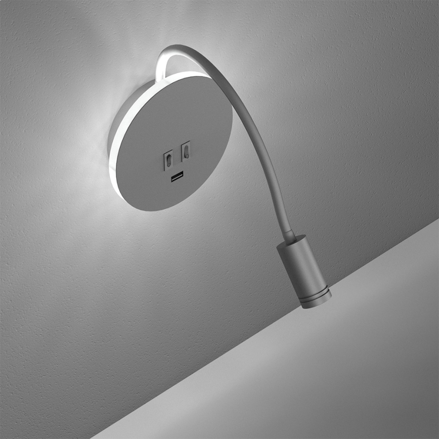 Candeeiro de parede pequeno e flexível LED com entrada USB BASE 1xLED/8W+1xLED/2W/230V branco/prateado