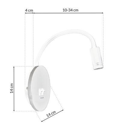 Candeeiro de parede pequeno e flexível LED com entrada USB BASE 1xLED/8W+1xLED/2W/230V branco/prateado