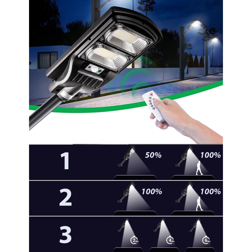 Candeeiro de rua LED solar regulável com sensor LED/120W/6V 6500K IP65 preto + comando