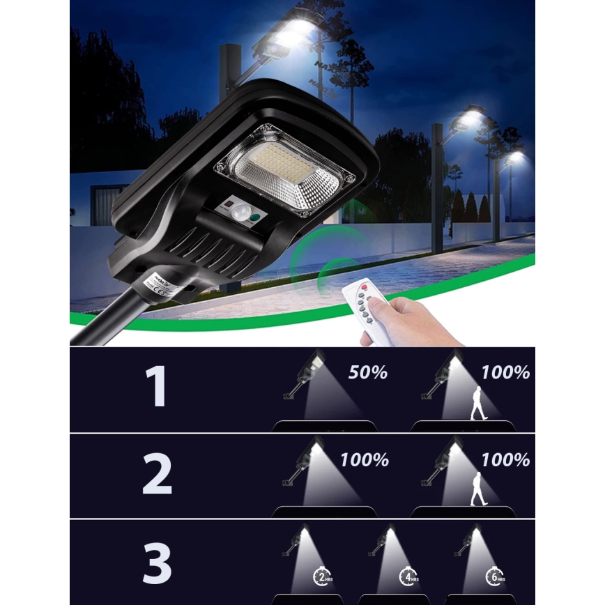 Candeeiro de rua LED solar regulável com sensor LED/150W/6V 6500K IP65 preto + comando