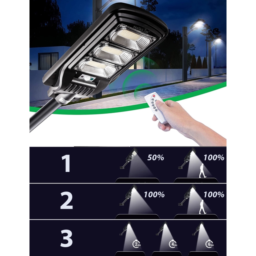 Candeeiro de rua LED solar regulável com sensor LED/180W/6V 6500K IP65 preto + comando