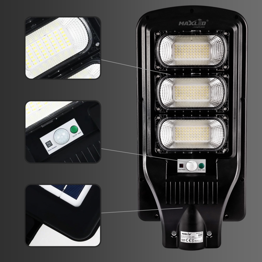 Candeeiro de rua LED solar regulável com sensor LED/180W/6V 6500K IP65 preto + comando