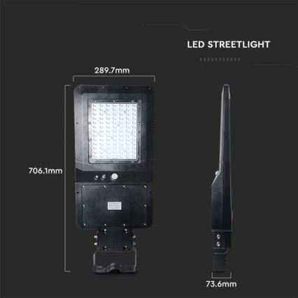 Candeeiro de rua solar LED com um sensor LED/40W/9,6V IP65 6000K + controlo remoto