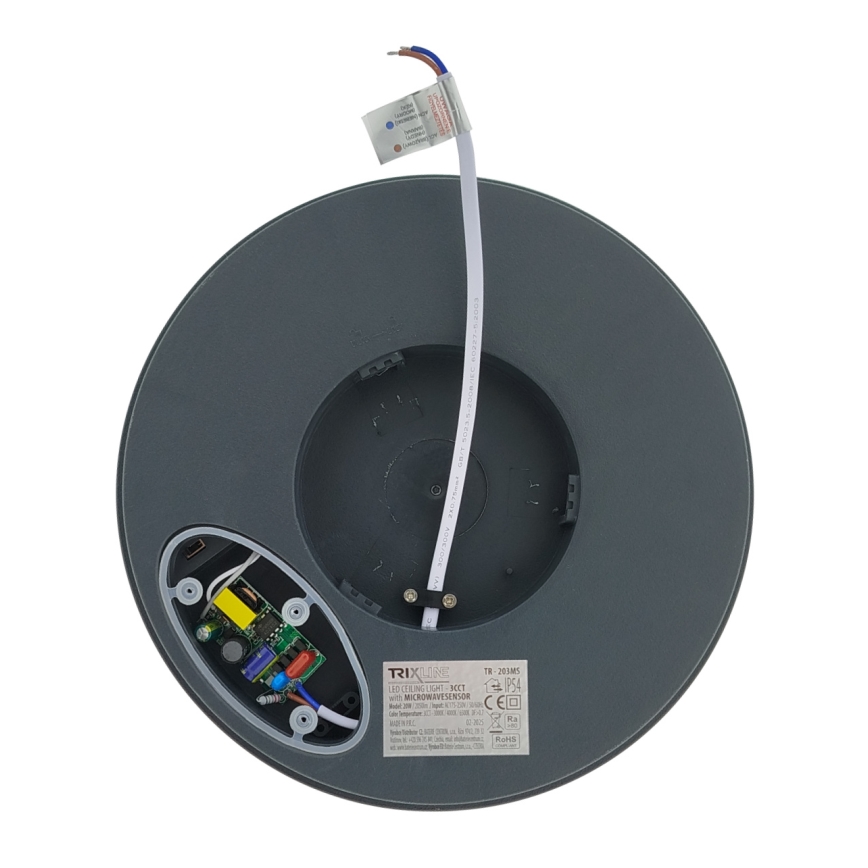 Candeeiro de tecto LED com sensor de movimento LED/20W/230V 3000/4000/6500K Ø 230 cm IP54 antracite