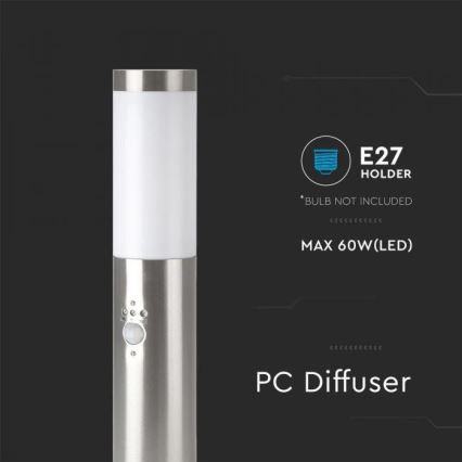 Candeeiro exterior com sensor 1xE27/60W/230V IP44 45cm mate cromado