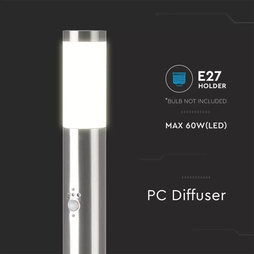 Candeeiro exterior com sensor 1xE27/60W/230V IP44 80cm mate cromado