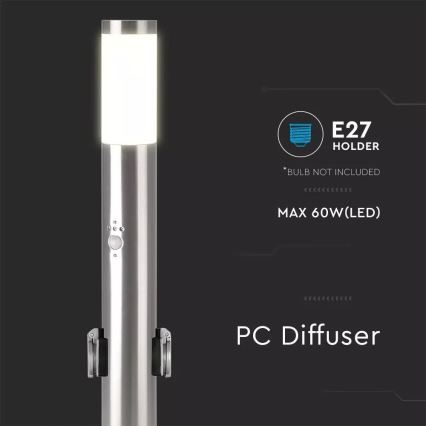 Candeeiro exterior com sensor + 2 tomadas SCHUKO 1xE27/60W/230V IP44 60cm cromado mate