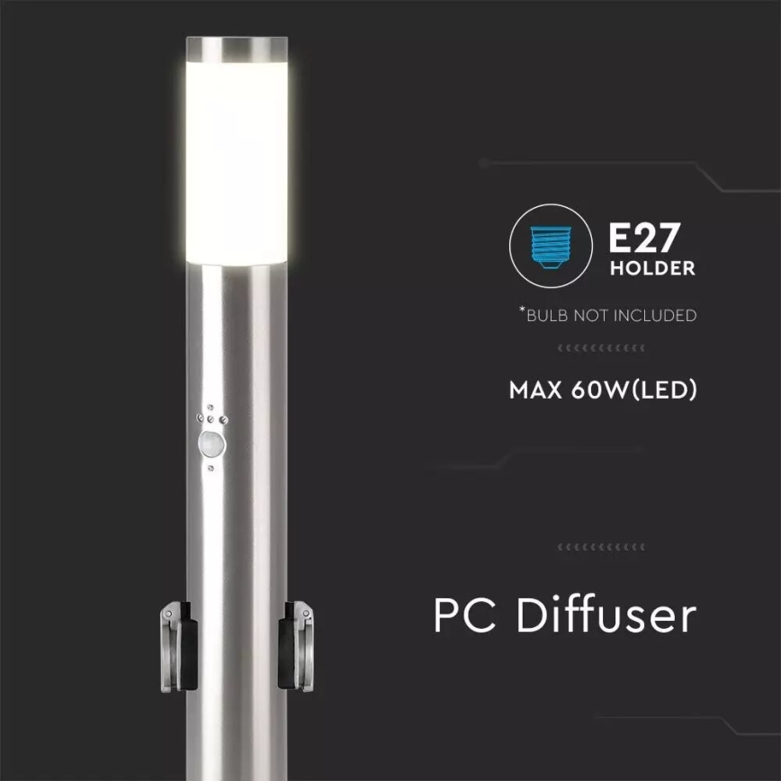 Candeeiro exterior com sensor + 2 tomadas SCHUKO 1xE27/60W/230V IP44 60cm cromado mate