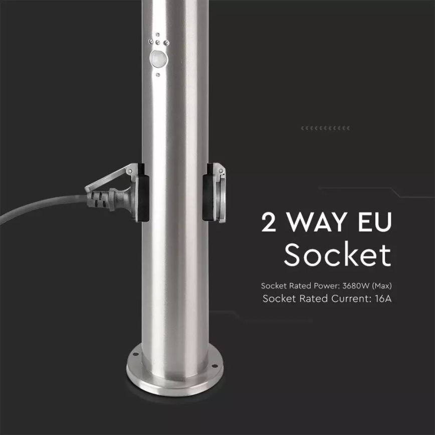 Candeeiro exterior com sensor + 2 tomadas SCHUKO 1xE27/60W/230V IP44 60cm cromado mate