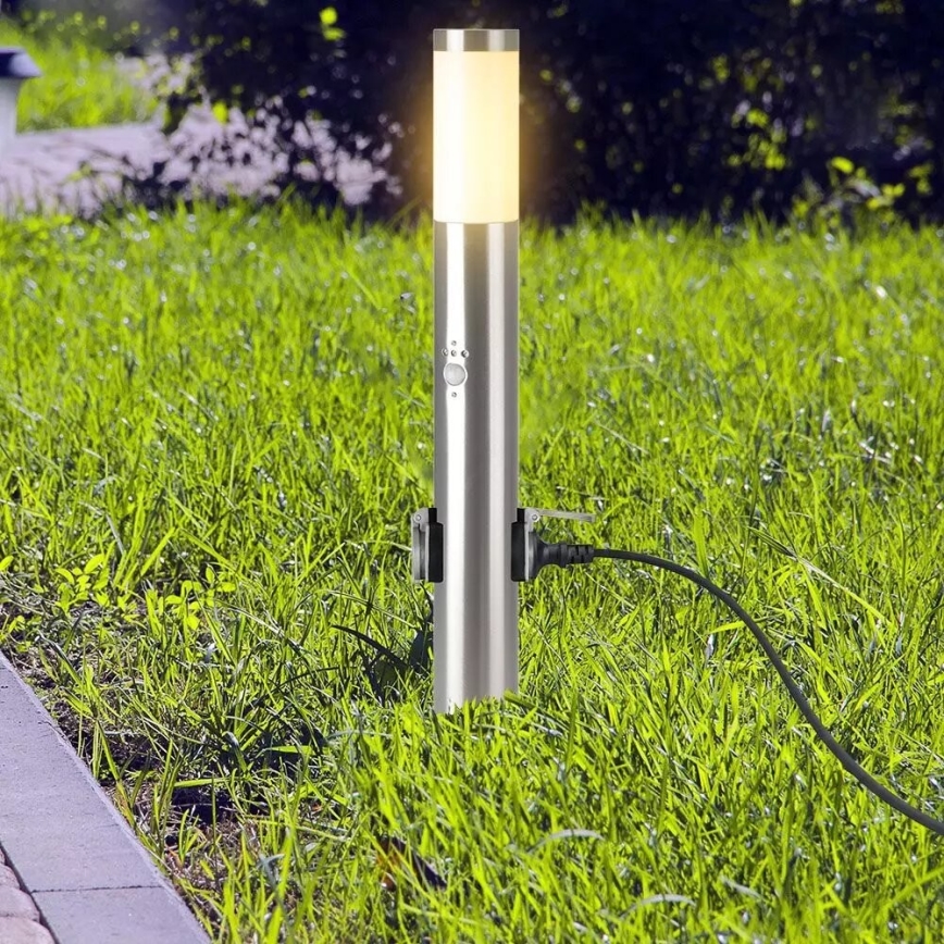 Candeeiro exterior com sensor + 2 tomadas SCHUKO 1xE27/60W/230V IP44 60cm cromado mate