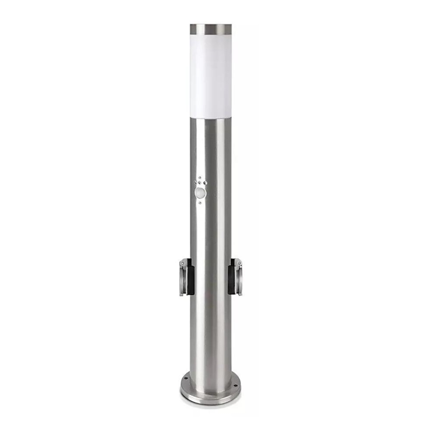 Candeeiro exterior com sensor + 2 tomadas SCHUKO 1xE27/60W/230V IP44 60cm cromado mate