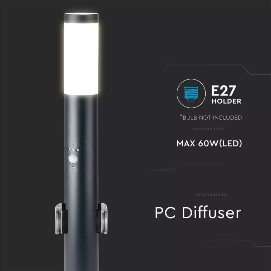 Candeeiro exterior com sensor e 2 tomadas SCHUKO 1xE27/60W/230V IP44 60cm antracite