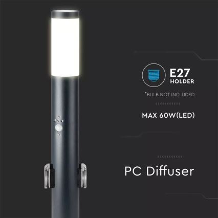 Candeeiro exterior com sensor e 2 tomadas SCHUKO 1xE27/60W/230V IP44 60cm preto