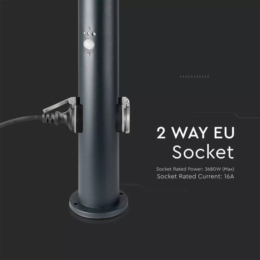 Candeeiro exterior com sensor e 2 tomadas SCHUKO 1xE27/60W/230V IP44 60cm preto