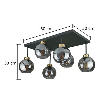 Candeeiro integrado NESSA 6xE27/60W/230V preto/dourado/fumado preto