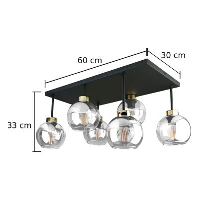 Candeeiro integrado NESSA 6xE27/60W/230V preto/dourado/transparente