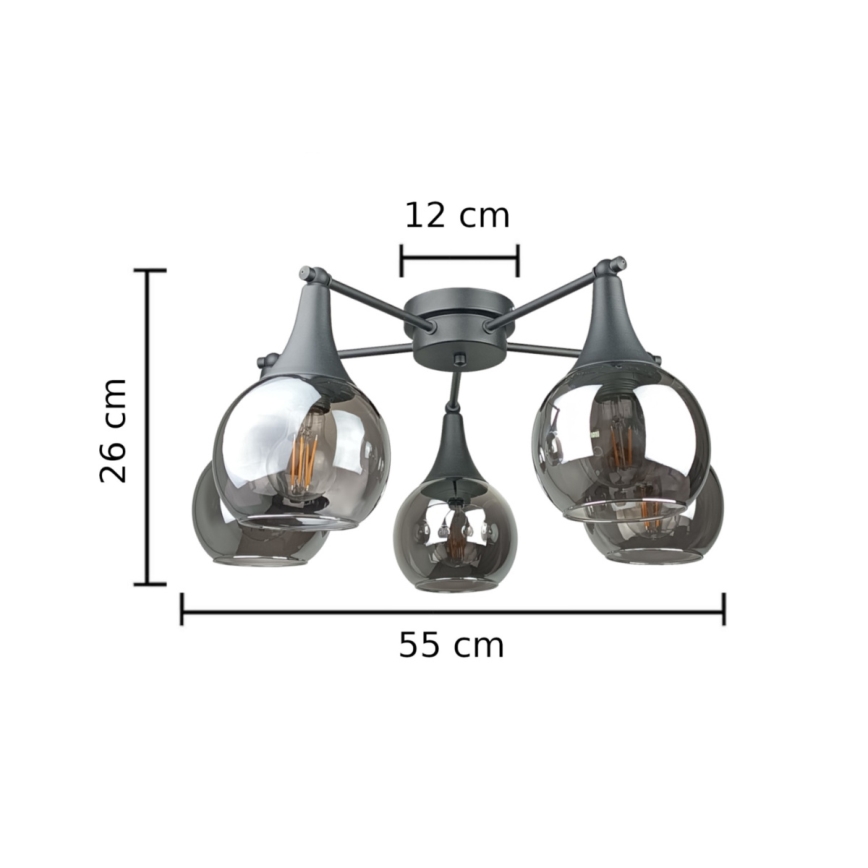 Candeeiro integrado STAR 5xE27/60W/230V preto/fumado preto