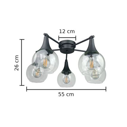 Candeeiro integrado STAR 5xE27/60W/230V preto/transparente