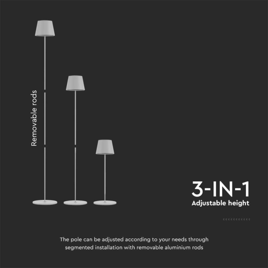 Candeeiro de chão LED recarregável com regulação 3em1 LED/4W/5V 4400 mAh 3000K IP54 branco