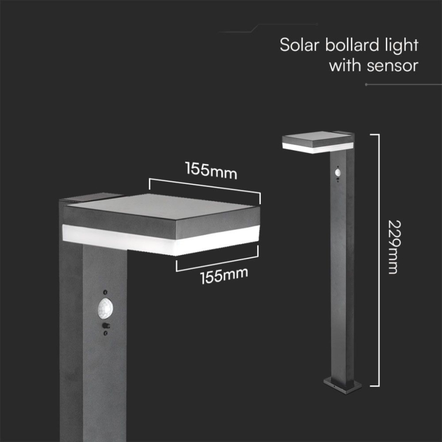 Candeeiro solar LED com sensor LED/2W/3,7V IP54 3000K angular preto