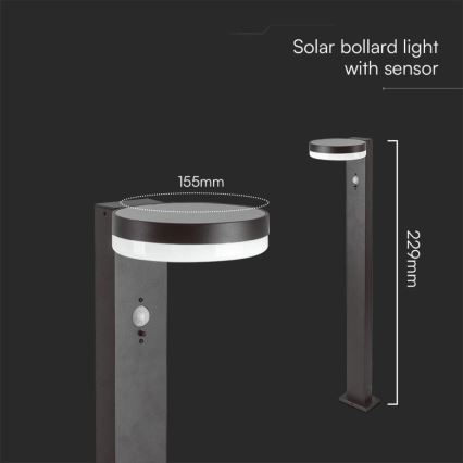 Candeeiro solar LED com sensor LED/2W/3,7V IP54 3000K redondo preto