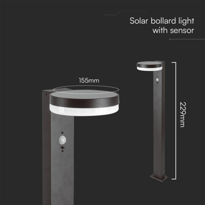 Candeeiro solar LED com sensor LED/2W/3,7V IP54 3000K redondo preto