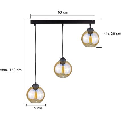 Candeeiro suspenso AMBRE BLACK 3xE27/60W/230V preto/fumado castanho