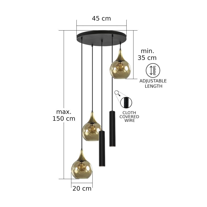 Candeeiro suspenso CALYPSO 2xGU10/60W/230V + 3xE27/60W preto/dourado