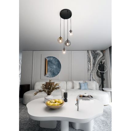 Candeeiro suspenso COSMO 4xE14/10W/230V diâmetro 40 cm preto/cinzento/bege/transparente