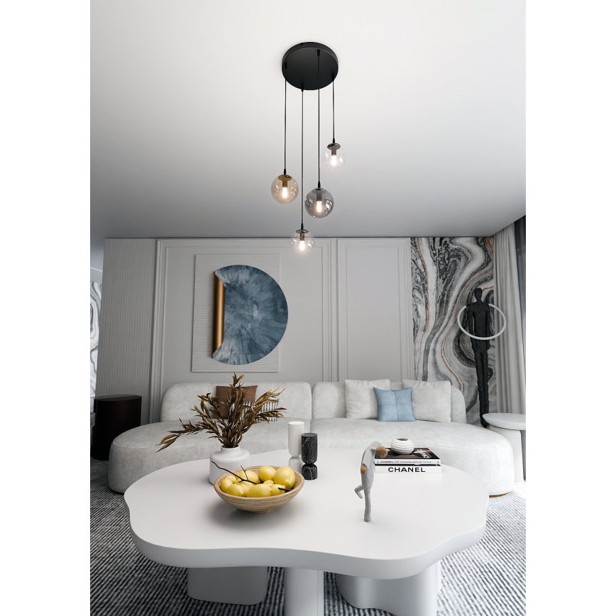 Candeeiro suspenso COSMO 4xE14/10W/230V diâmetro 40 cm preto/cinzento/bege/transparente