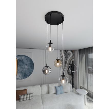 Candeeiro suspenso COSMO 4xE14/10W/230V diâmetro 40 cm preto/cinzento/bege/transparente