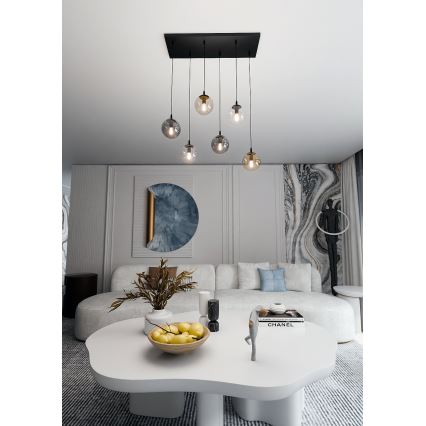Candeeiro suspenso COSMO 6xE14/10W/230V preto/cinzento/bege/transparente