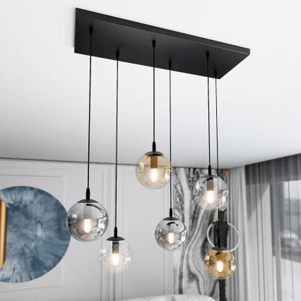Candeeiro suspenso COSMO 6xE14/10W/230V preto/cinzento/bege/transparente