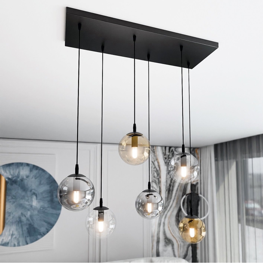 Candeeiro suspenso COSMO 6xE14/10W/230V preto/cinzento/bege/transparente