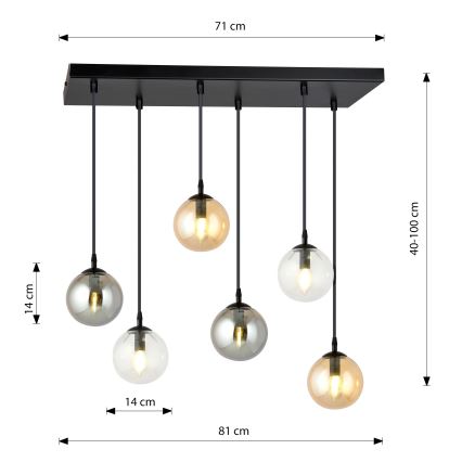 Candeeiro suspenso COSMO 6xE14/10W/230V preto/cinzento/bege/transparente