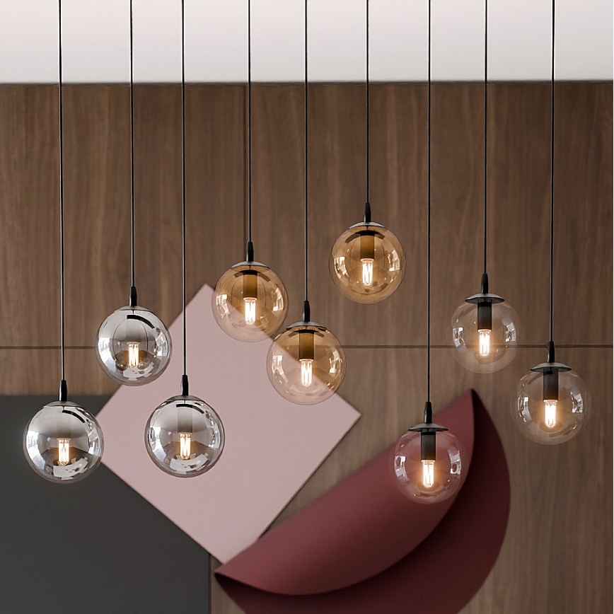 Candeeiro suspenso COSMO 9xE14/10W/230V preto/cinzento/bege/transparente