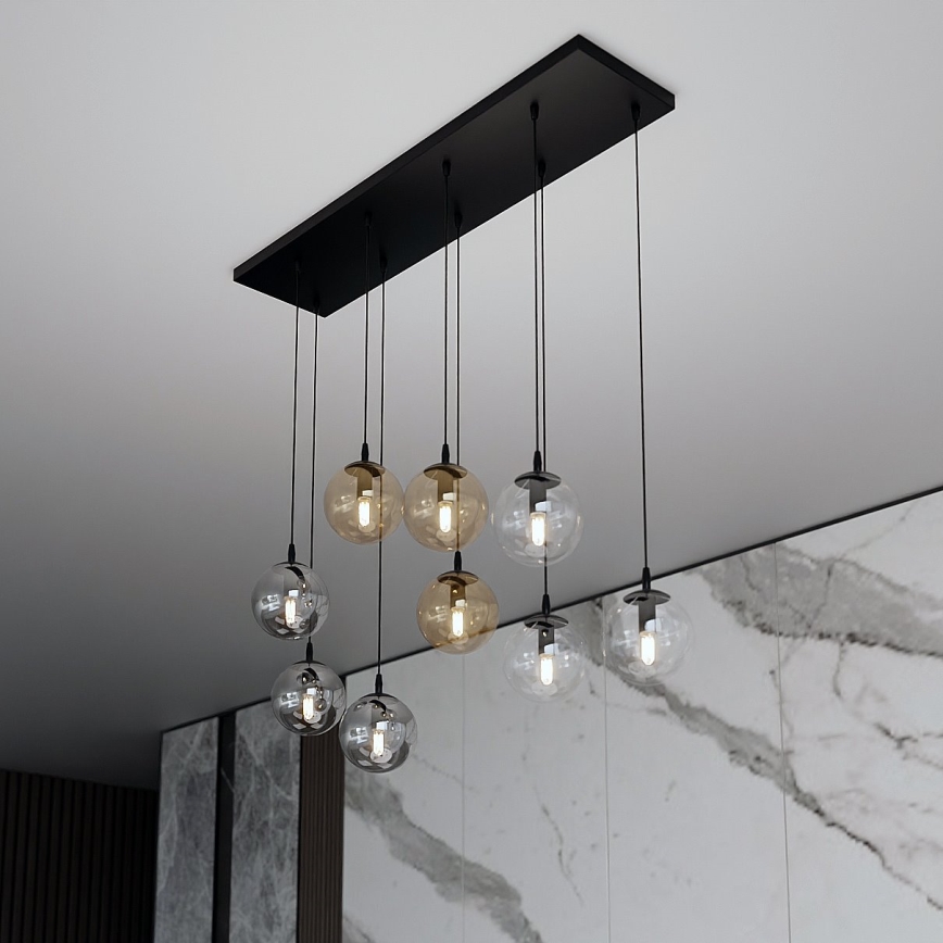 Candeeiro suspenso COSMO 9xE14/10W/230V preto/cinzento/bege/transparente