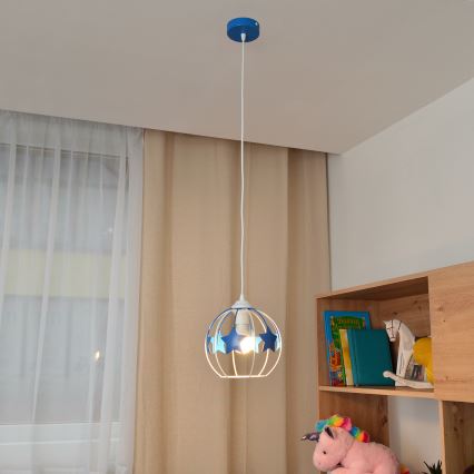Candeeiro suspenso de criança STARS 1xE27/15W/230V azul/branco