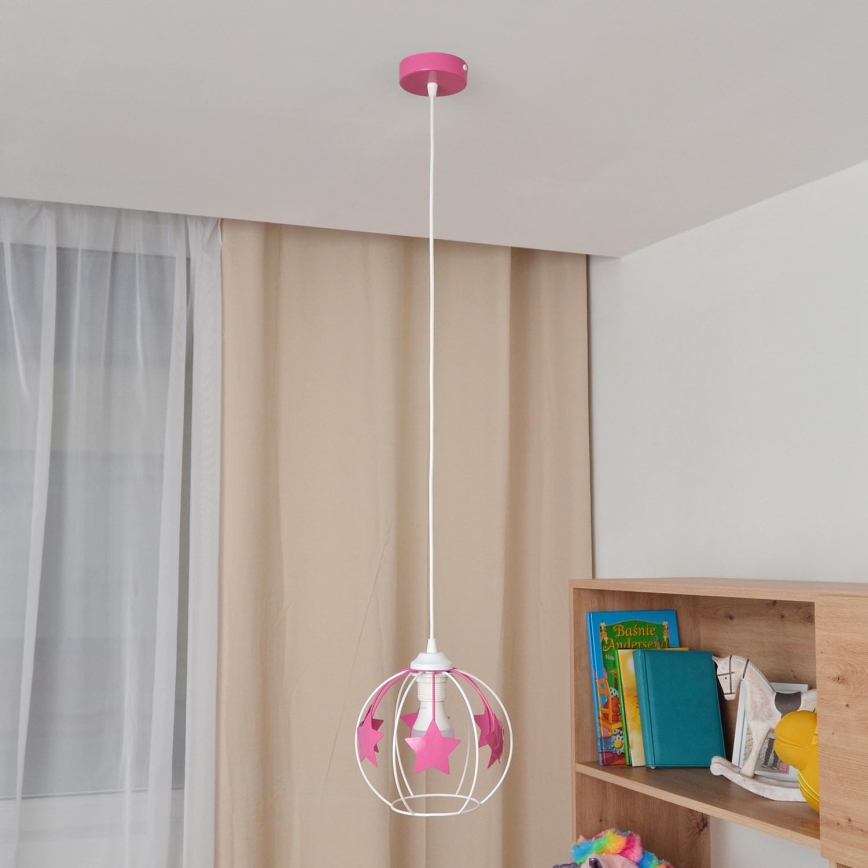 Candeeiro suspenso de criança STARS 1xE27/15W/230V rosa/branco