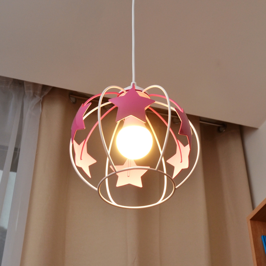 Candeeiro suspenso de criança STARS 1xE27/15W/230V rosa/branco