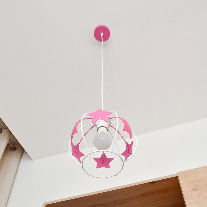 Candeeiro suspenso de criança STARS 1xE27/15W/230V rosa/branco