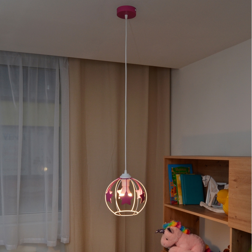 Candeeiro suspenso de criança STARS 1xE27/15W/230V rosa/branco