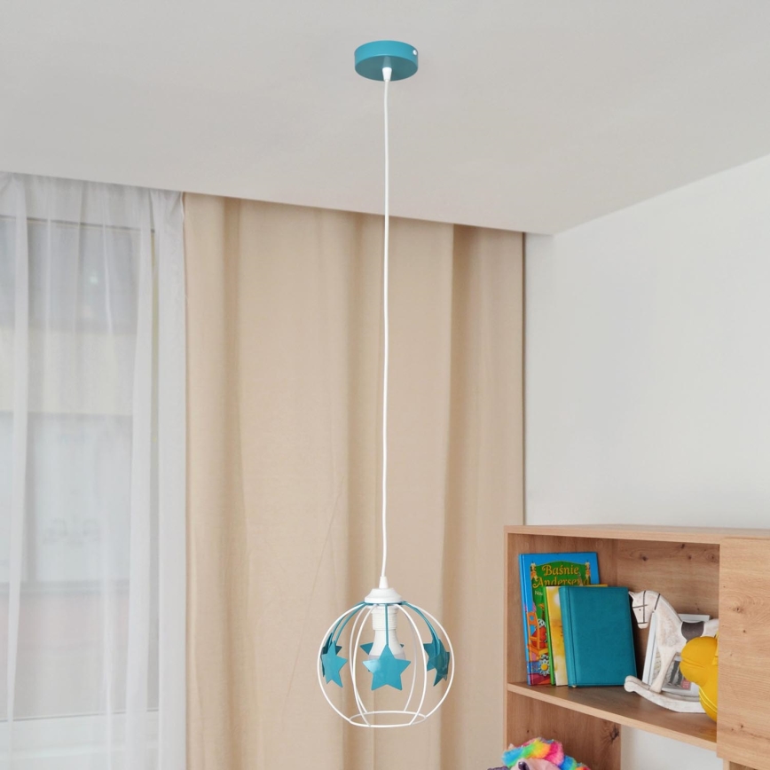 Candeeiro suspenso de criança STARS 1xE27/15W/230V turquesa/branco